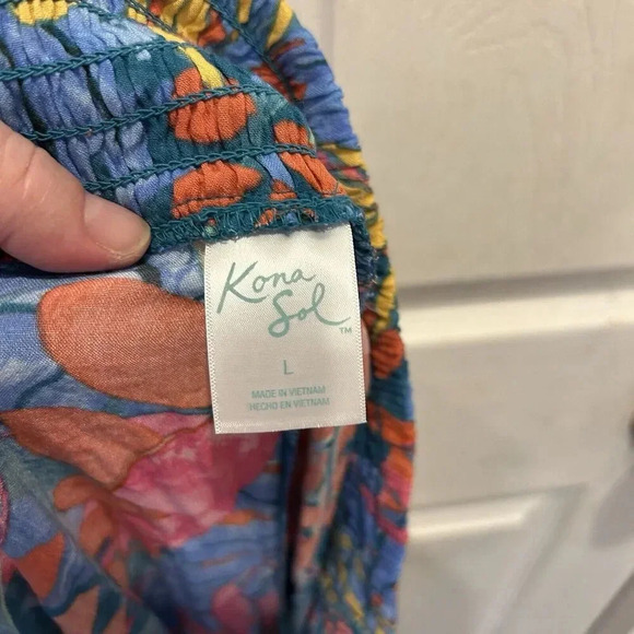 Kona Sol Pants Women's L Pull on Rayon Smock Waist Wide Slit Leg Tropical Lounge - Picture 6 of 7